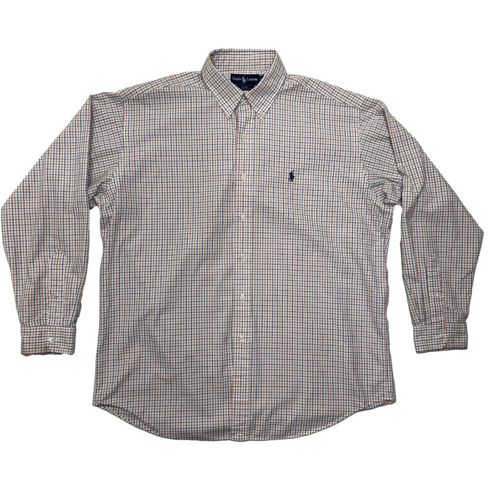 Polo Ralph Lauren Mens Long Sleeve Button Down Shirt Orange and Blue Checked